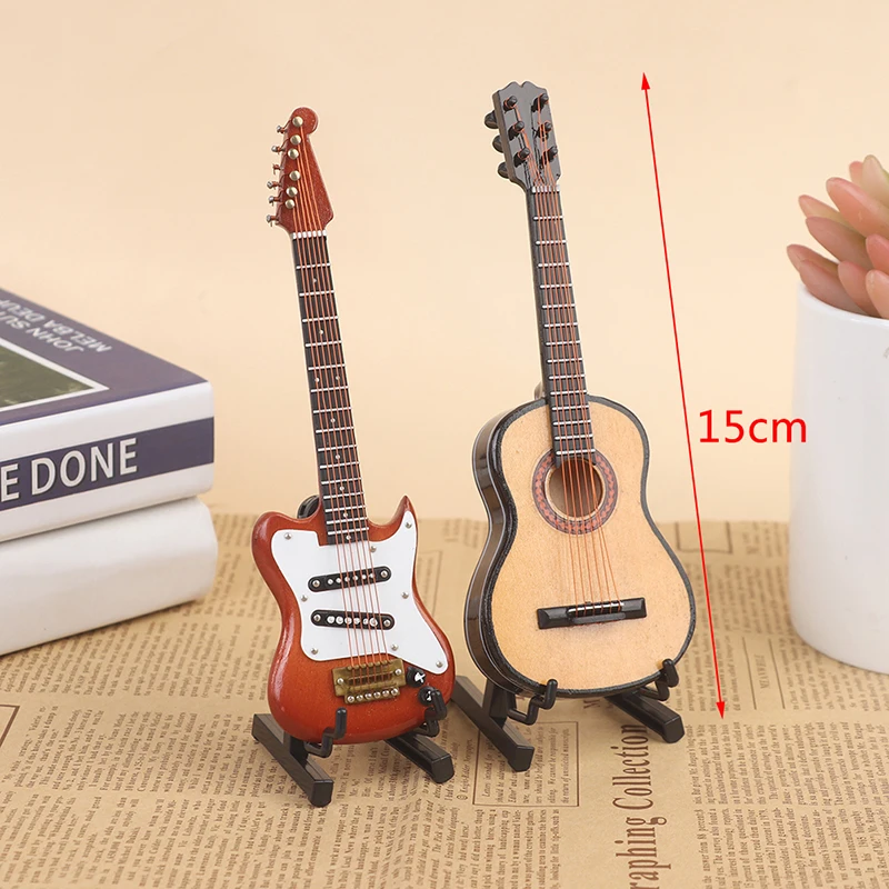 Guitarra eléctrica de madera en miniatura para casa de muñecas, instrumento de juguete con soporte, regalo para niños, 1/6