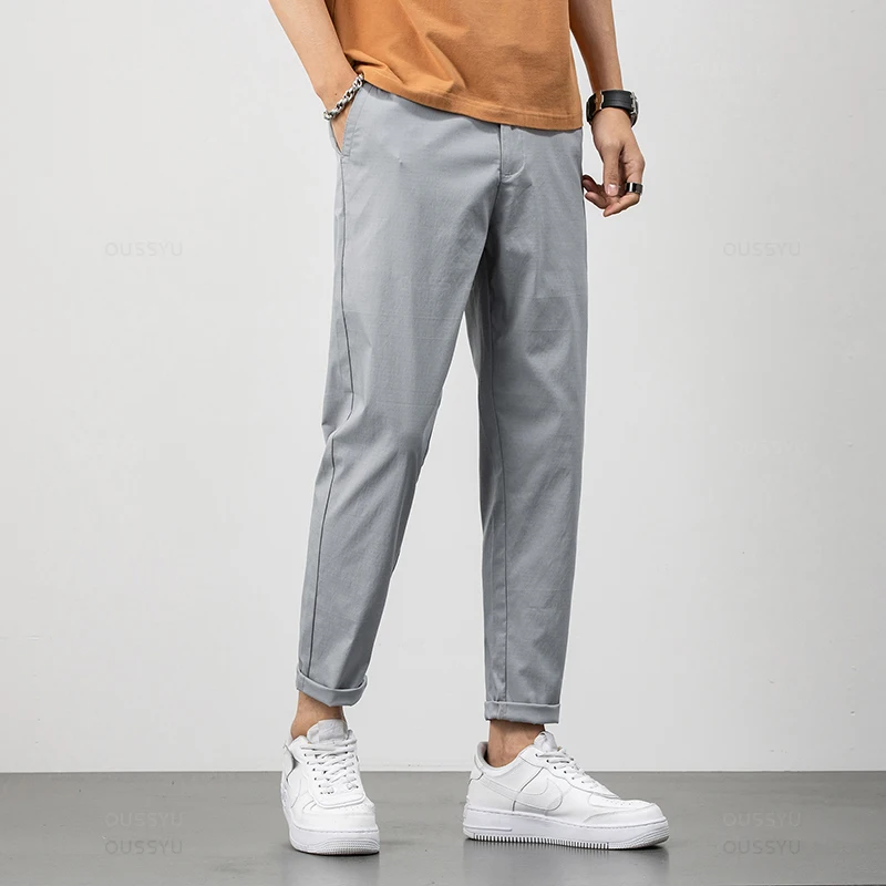 2024 New Summer Ankle-Length Pants Men Cotton Straight Fit Fashion Thin Brand Clothing Solid Color Casual Trousers Male 28-38