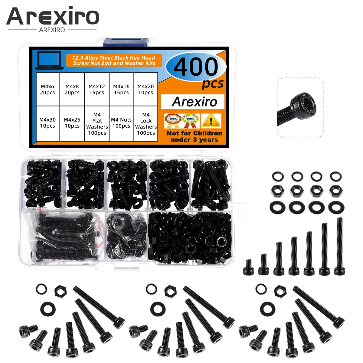 

400Pcs M4 Screw Metric Screw Assortment M4x6/8/12/16/20/25/30mm Nut Bolt Combo 12.9 Alloy Steel Black Hex Head Screws Nut Kit