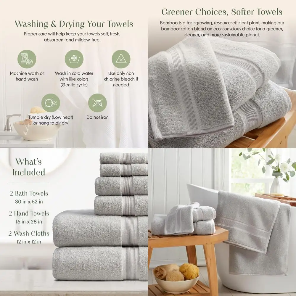 

Набор из 6 бамбуковых и хлопковых полотенец: роскошные, впитывающие и быстросохнущие, сертифицированные Oeko-TEX, серого цвета