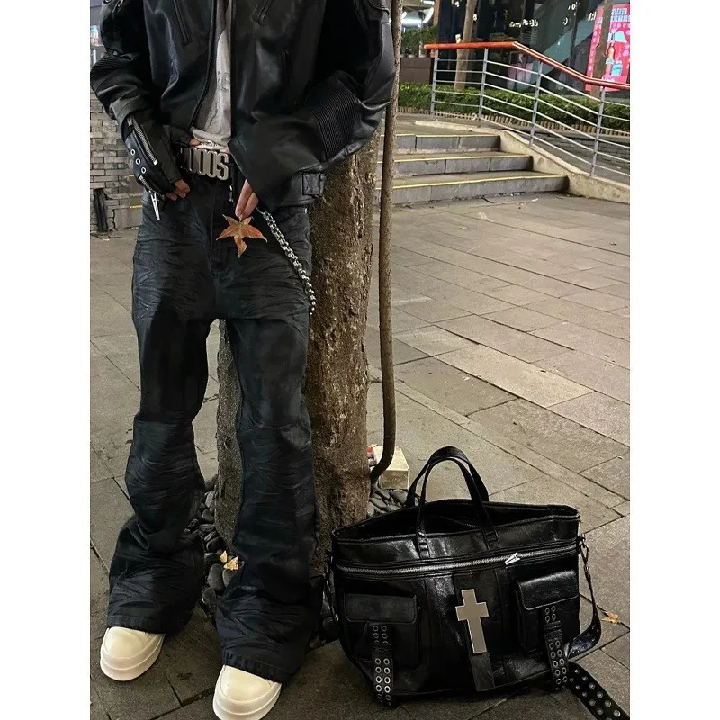 الأمريكية شارع العليا Sle الرجال تلاشى Bla الشمع معطف الجينز متوهج الساقين مستقيم قطع السراويل الطويلة الخريف الشتاء التخسيس بنطلون #5