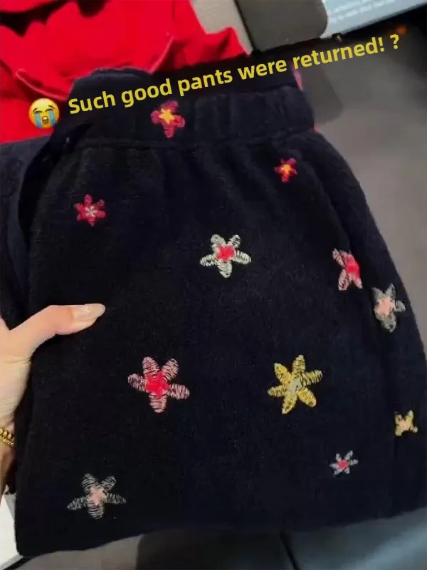 

Утепленные женские спортивные брюки с вышивкой и шнурком, зимние теплые брюки с высокой талией и широкими штанинами в корейском стиле для повседневной носки