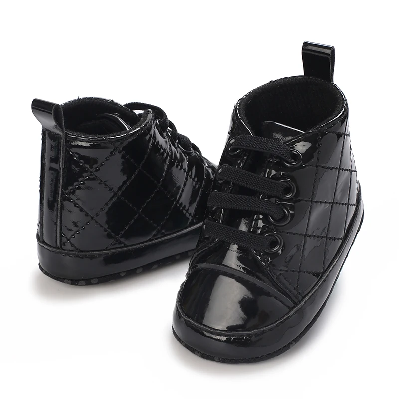 Spring and Autumn Newborn Black Shiny Leather High Top Walking Shoes for Leisure and Versatile First Step Walking Shoes