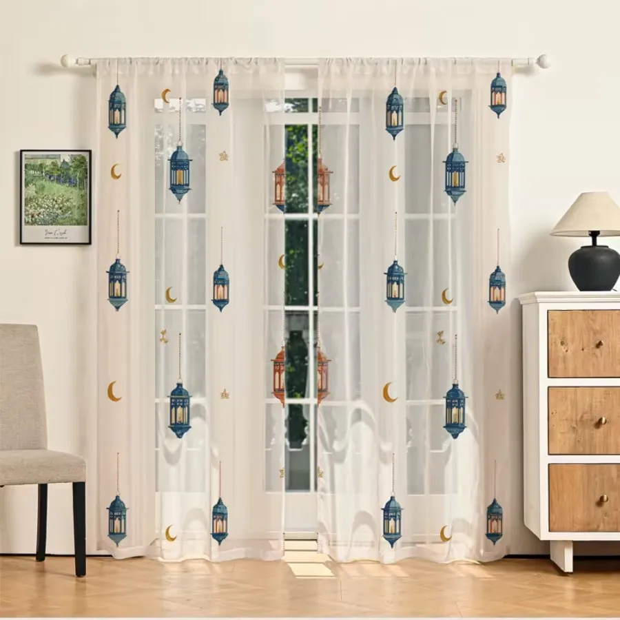 2PCS Digital Print Sheer Curtains, Crescent Moon Colorful Lights, Ramadan Festival Vibrant for Bedroom Living Room Home Decor