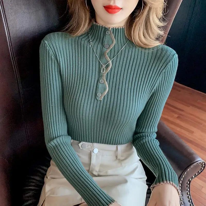 Women's Slim All-match Solid Knitted Tops Fashion Korean Button Spliced Half High Collar Sweaters Autumn Winter Female Clothing