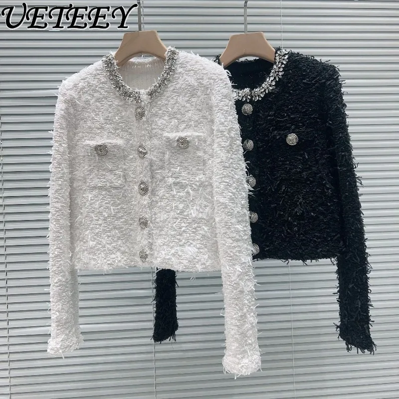 

Новый осенне-зимний кардиган из тяжелой пряжи с цветочным узором, легкий люкс, с круглым вырезом, короткий, с длинными рукавами, универсальный, приталенный, в стиле «бриллиант»