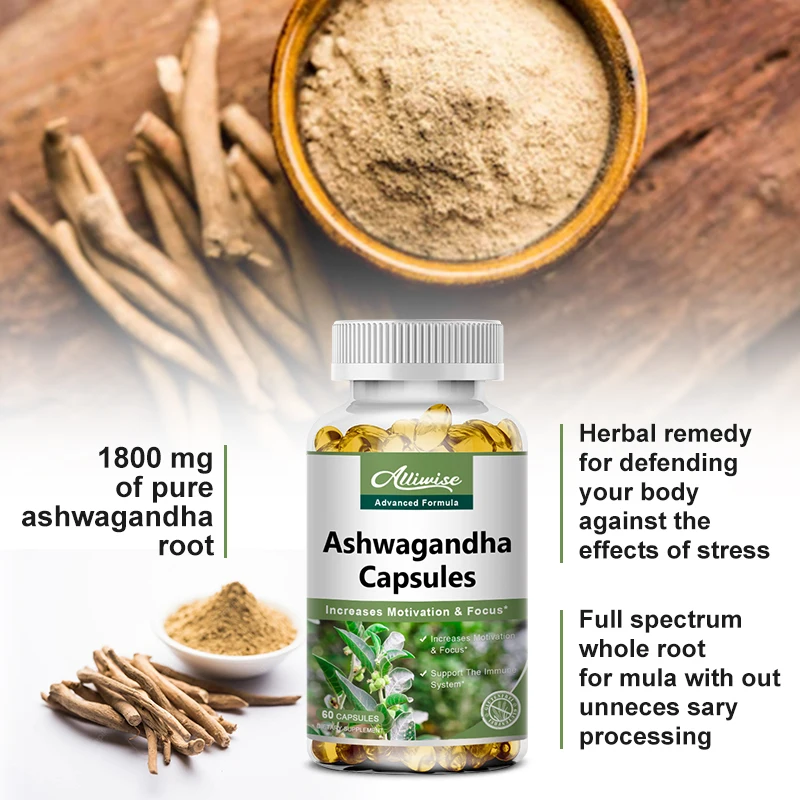 Alliwise Pure Organic Ashwagandha Extract Capsules Relieve Stress Enhances Immunity for Boost Energy Improves Sleep Supplement