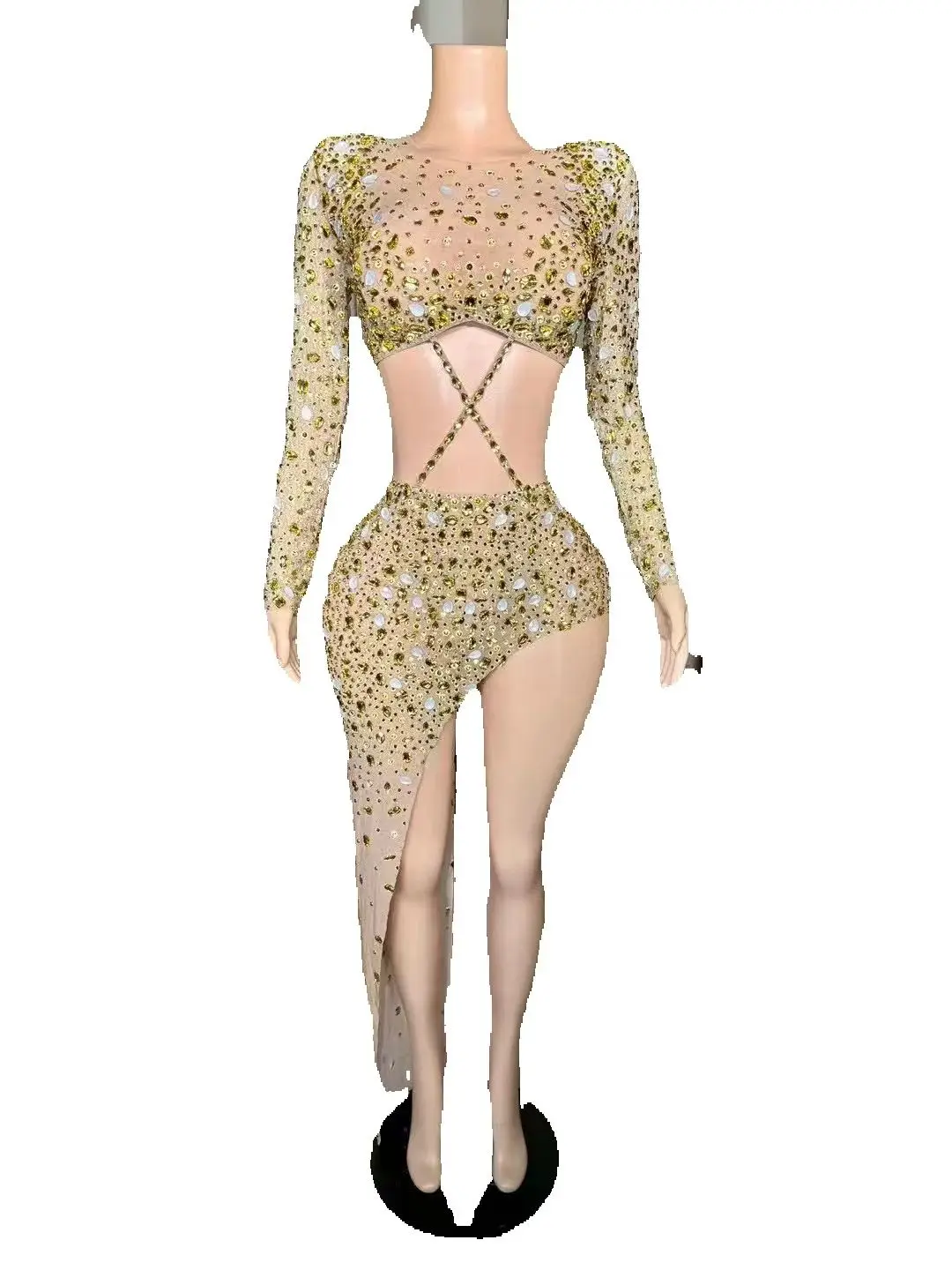 ZD เงา rhinestone คอสูงแขนกุดเซ็กซี่ตาข่ายดูผ่านลายสก๊อตปาร์ตี้ชุดกระโปรง cutout