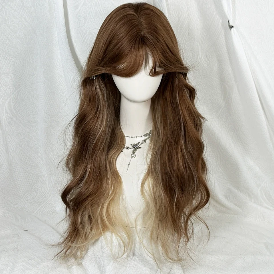 Long Ombre Golden Wave Synthetic Wigs with Bangs for Women Brown Highlight Golden Natural Cosplay Daily Hair Wigs Heat Resistant
