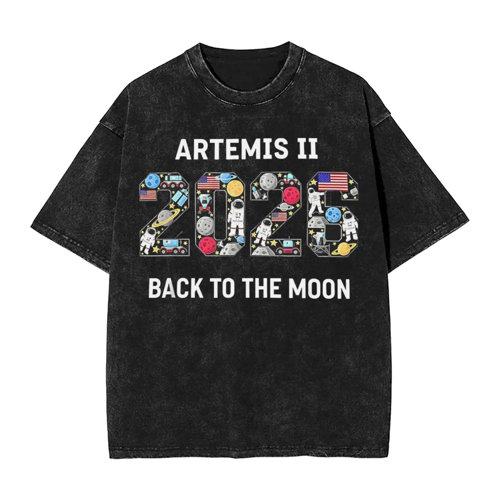 Artemis II 2026 Moon Mission T Shirts Hip Hop Washed Cotton Harajuku T-Shirts Vintage for Men Women Tops Streetwear Summer Tees