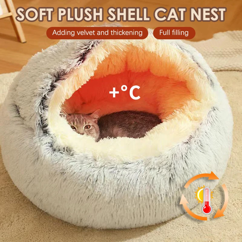 Lettino per gatti in peluche invernale Cuscino per gatti rotondo Casa per gatti 2 in 1 Cestino per gatti caldo Sacco a pelo per animali domestici Cuccia per nido per gattini per cani di piccola taglia