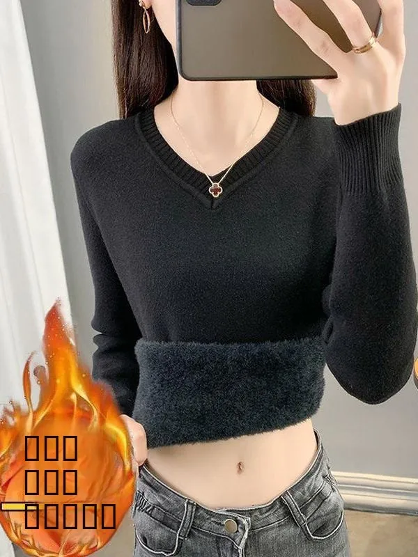Winter Thiened Fce V-ne Knitwear Women's Slim-fit Inner Wear Inteated Fce Warm Top Commute Sle Polyester Fiber