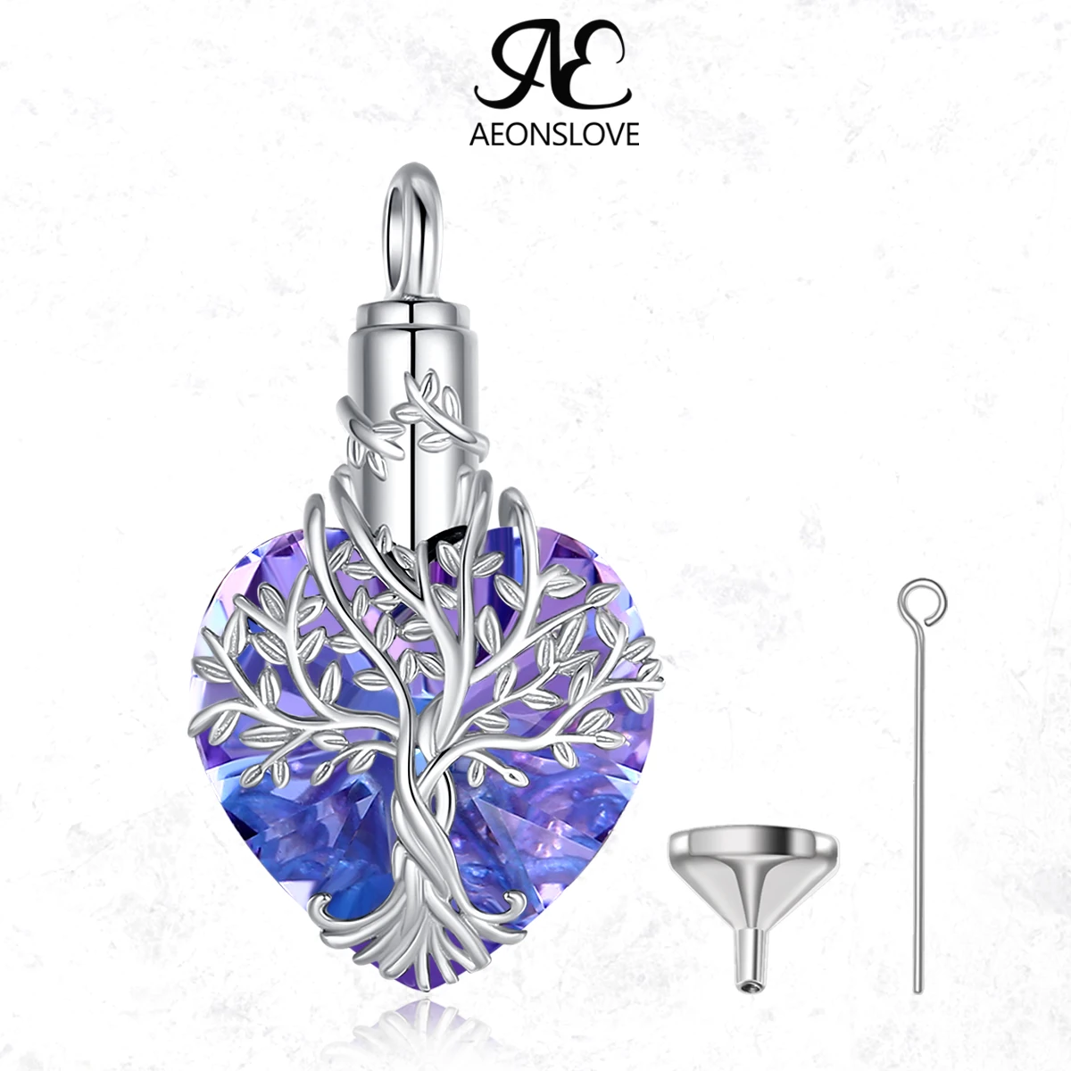 

Ожерелье-урна AEONSLOVE из стерлингового серебра 925 пробы «Древо жизни» с кристаллом в форме сердца, кулон для праха, ювелирное украшение для кремации, памятный подарок для женщин