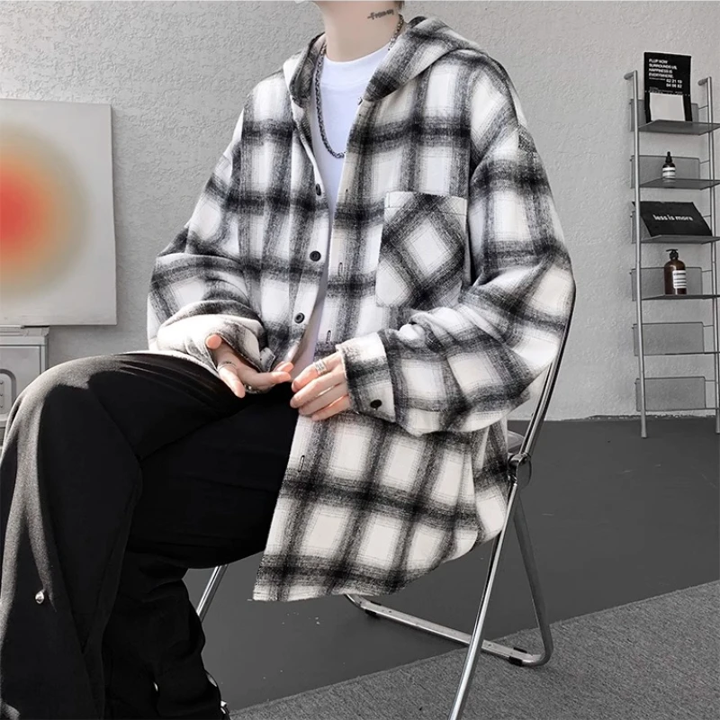 Men's Checkered Hooded Jacket, 2026 Spring Wool Blend Shirt, Black White Navy Check Hooded Loose-Fitting Shirt  Outdoor