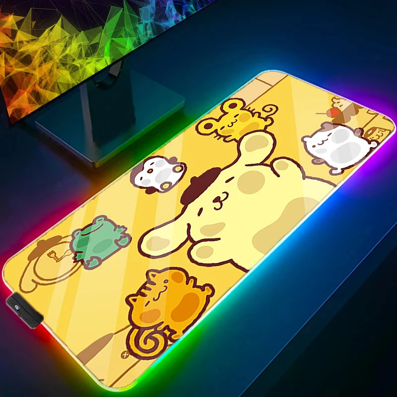 Imagem -04 - Rgb Led Mouse Pad com Padrão Pom Pom Purin Borda de Bloqueio Mousepad Tapete de Borracha Mesa Cup Mat Kawaii Sanrio Computador Gaming Teclado