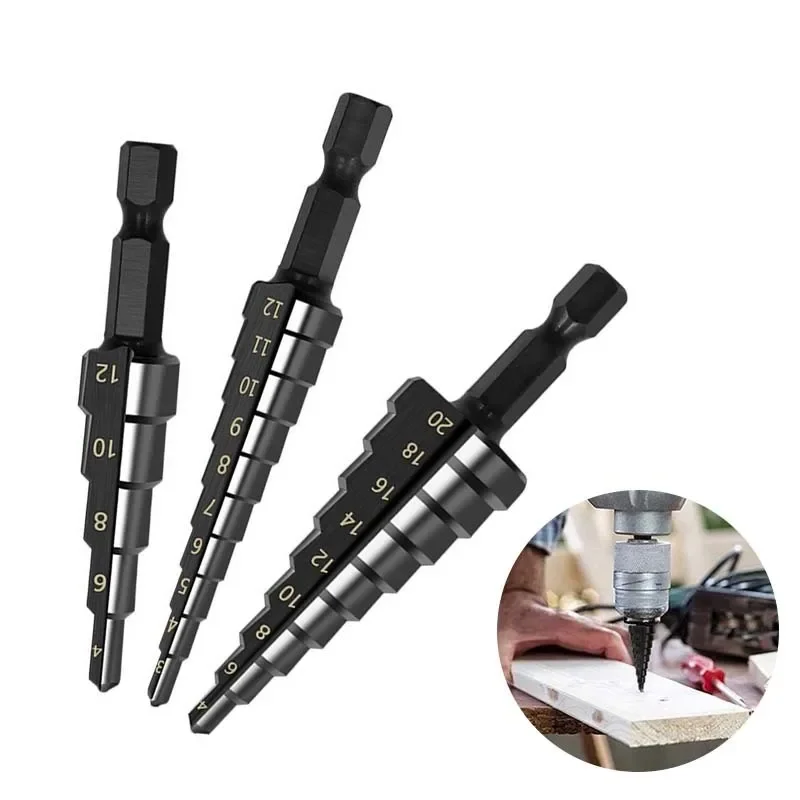 3PCS Step Drill 3pcs Set 3-12mm 4-12mm 4-20mm HSS Straight Groove Step Core Drill Bit Titanium Coated Wood Metal Hole Cutter