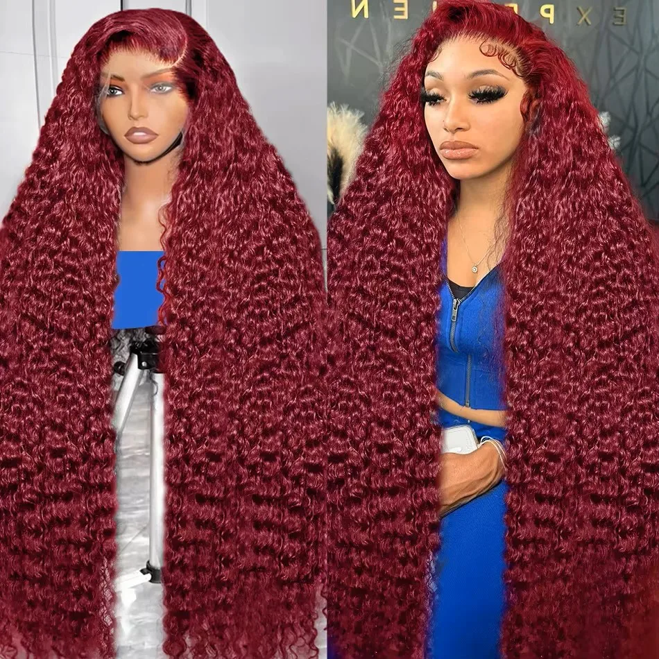 99J Burgundy 13x6 HD Lace Frontal Wigs Colored Curly Human Hair Wigs 200 Density Red Deep Wave Lace Front Wig 30 36 Inch Red Wig