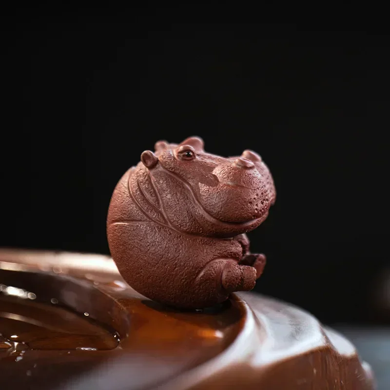 Chinese Yixing Purple Clay Tea pet Lucky Hippo Model Statue Tea Figurine Ornaments Handmade Sculpture Crafts Tea Set Decoration