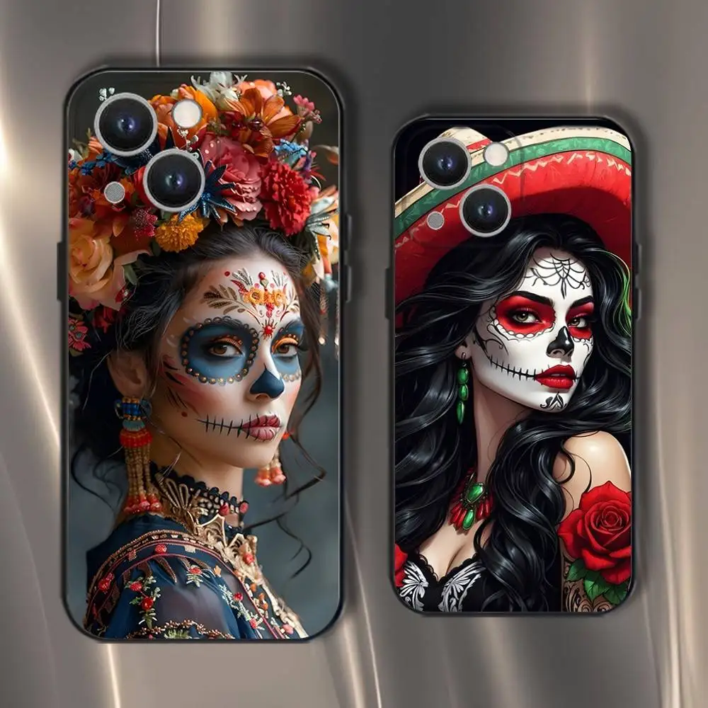

Day of the Dead Mexican Catrina Skull Phone Case For iPhone 16,15,14,13,12,11,Pro,XS,Max,XR,Plus,E,SE4,Mini Black Soft Cover