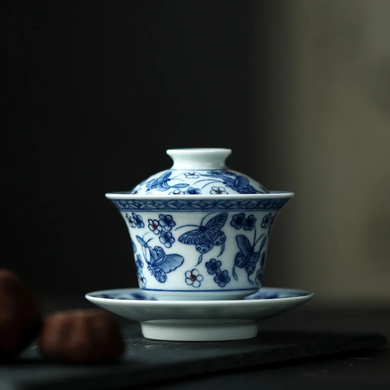 

★Mr. Qing Tureen Gaiwan, чайная чашка Цзиндэчжэнь синяя и белая деревянная печь с изображением бабочки, Высококачественная чайная кружка для приготовления чая 80 мл