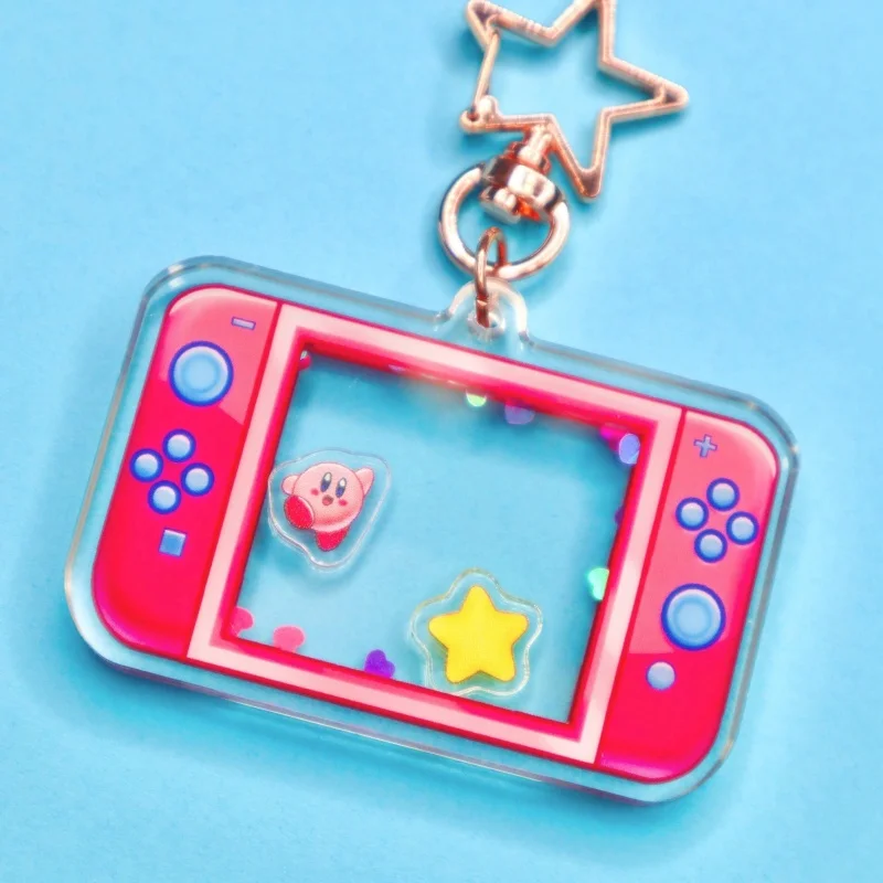 Kirby Handheld Game Console Shaker Acrylic Keychain Rose Gold Star Hook Cute Pastel Kawaii Dreamy Anime Bag Charm Ornament Gift view 6