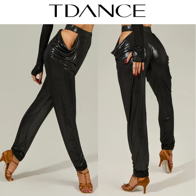 Customized TDANCE Latin Practice [Waist Hollow Glitter Pants] Haren Pants Tight Feet for Skinny Adult Class GL-248
