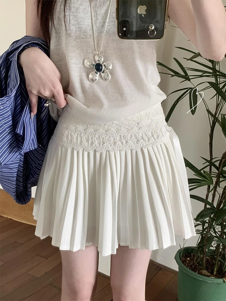 

Solid Lace Pleated Skirt Summer High Waisted A--line Skirt Casual Fashion Women's Short Skirt 2025 Korean Clothes