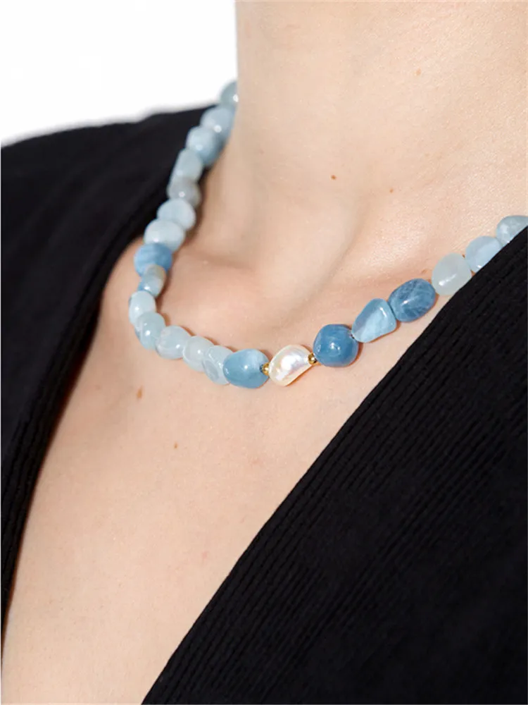 2022 New original Aquamarine natural stone pearl necklace simple design exquisite personality female necklace