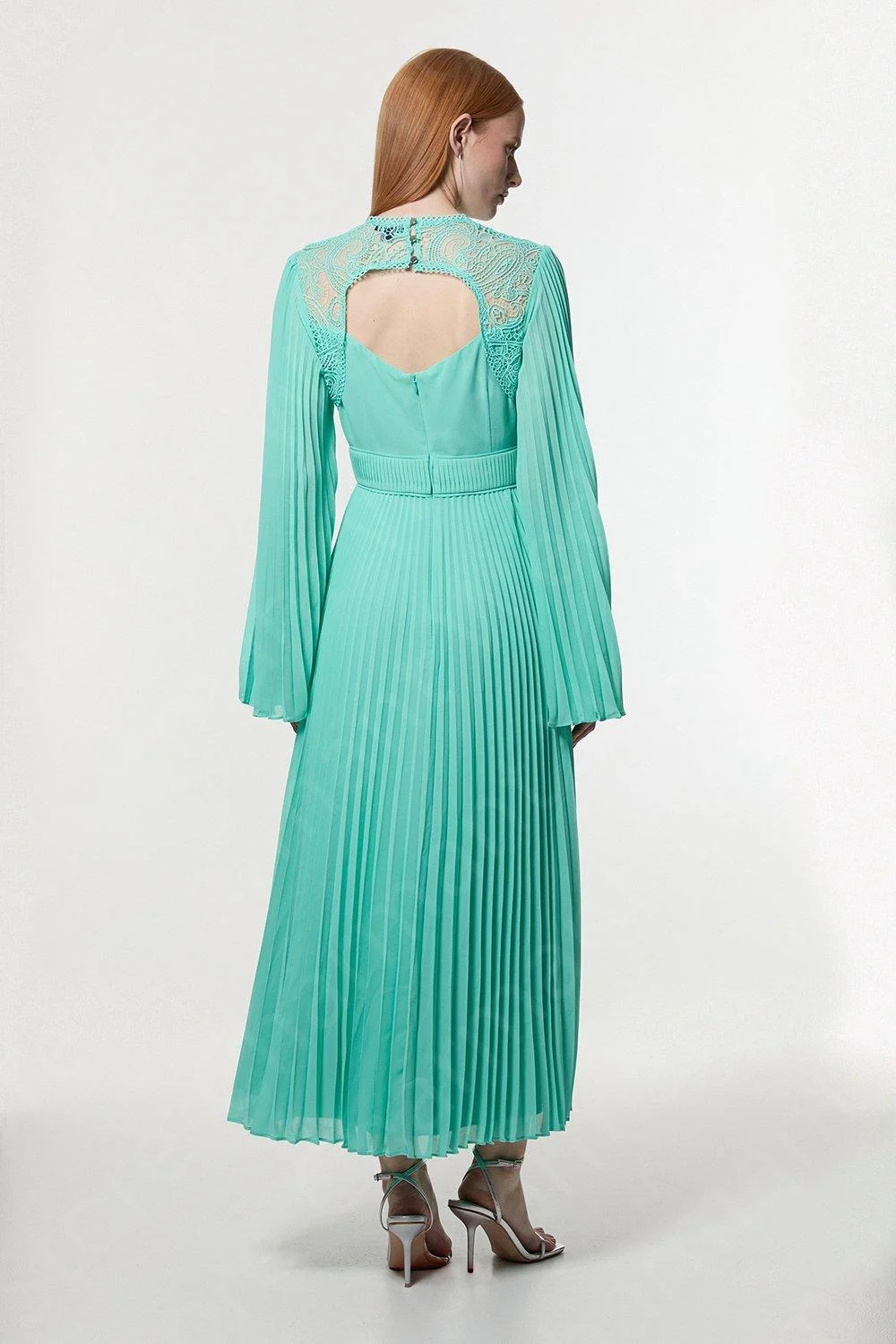 Aangepaste nieuwste turquoise galajurken enkellange geplooide avondjurk kant lange mouwen bruiloft feestjurken uitgesneden rug