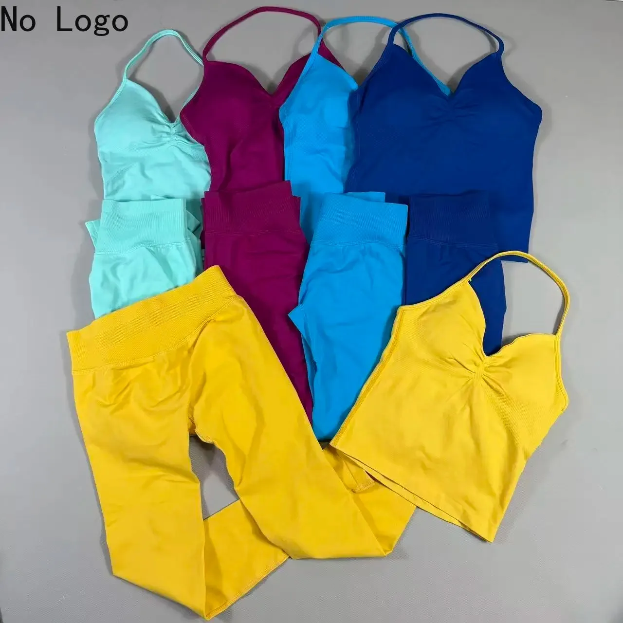 

No Logo 2-Piece Women's Leggings Fitness Yoga Set With Backless Tank Top High-waisted Compression Lifting Workout Sportswear