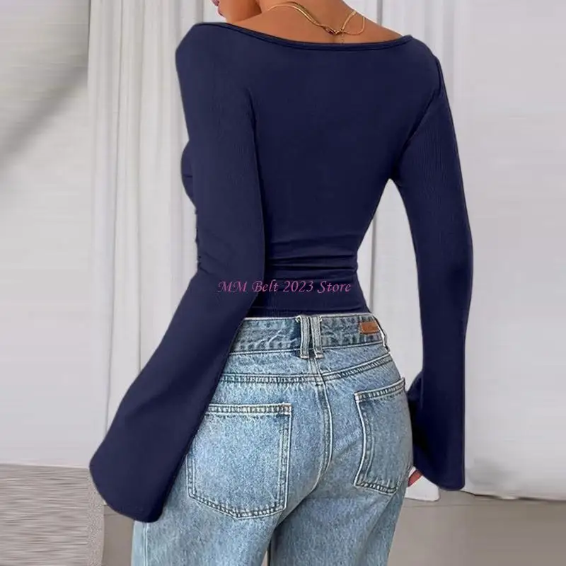 49ME Womens Boat Neck Long Sleeve Shirts Ruched Sides Crop Top Spring Fall Clothes