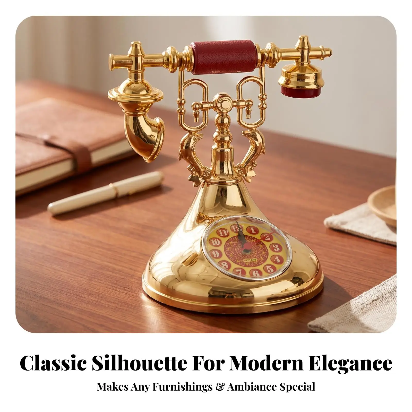 Decorative Telephone Alarm Clock with Hanging Bells Antique Look Desk Clock for Living Room Mantel
