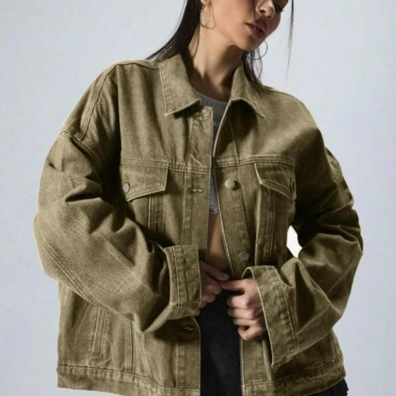 Autunno Inverno nuove donne tinta unita bottone abbottonatura frontale spalla giacca di jeans design retrò sciolto versatile cappotto corto da donna