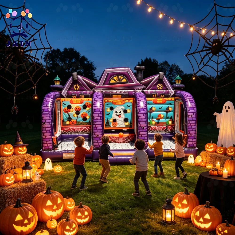 5M High Inflatable Halloween Carnival Game  3 in 1 Set Including Axe, Ring Toss, and Blower