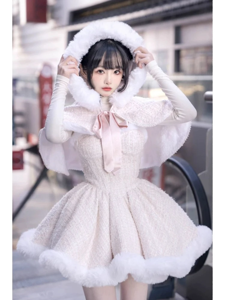 Winter Japanese Hooded Shawl + Basic Tops + Plaid Mini Skirts Christmas New Year Kawaii Suit Cute Sweet Lolita Dress Set Women