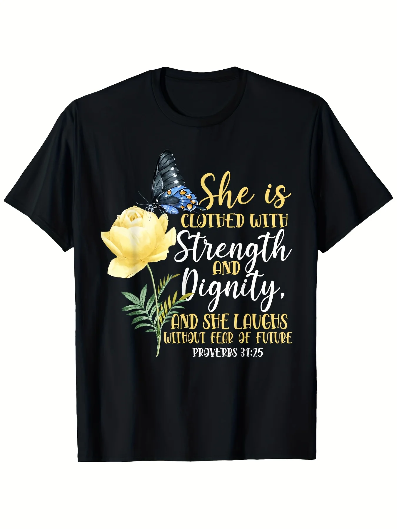 Men's Christian T-Shirt with Proverbs 31:25 Bible Verse & Butterfly Rose Floral Print - Soft 100% Cotton Round Neck Short Sleeve Tee, Black & Yellow Scripture Top for Church, Casual Wear, Faith-Based Gift (Comfort Fit)