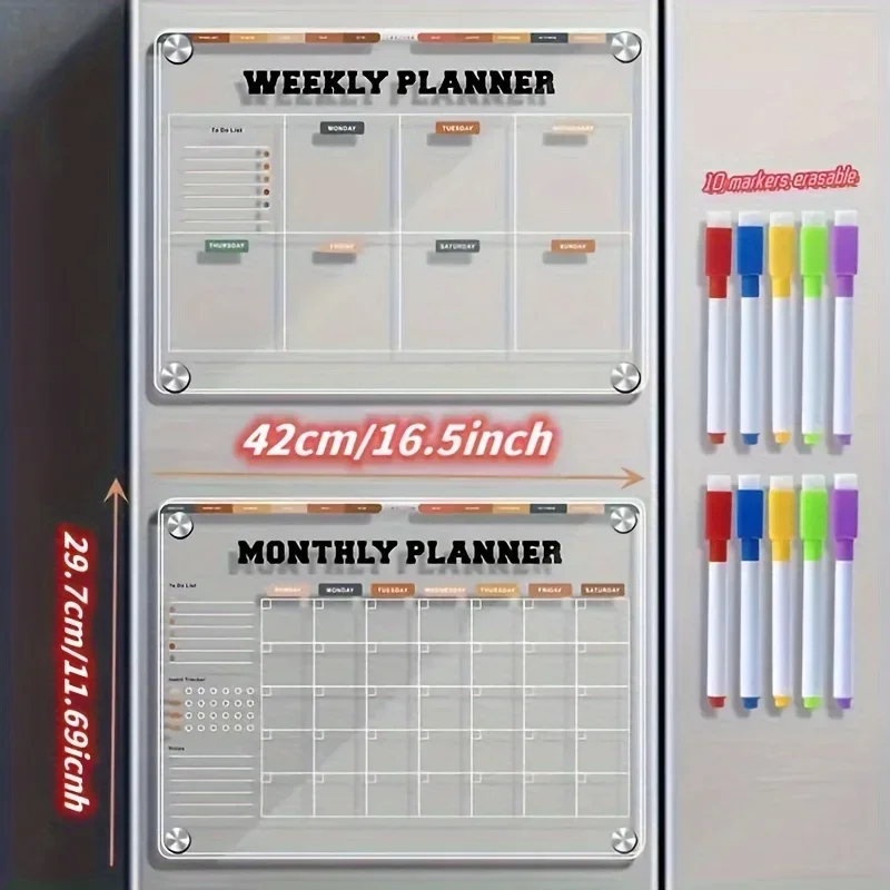 1/2pcs Morandi magnetic refrigerator magnet, 1 set of large weekly and monthly plan, 16.5 * 11.6in with 5pcs color mark