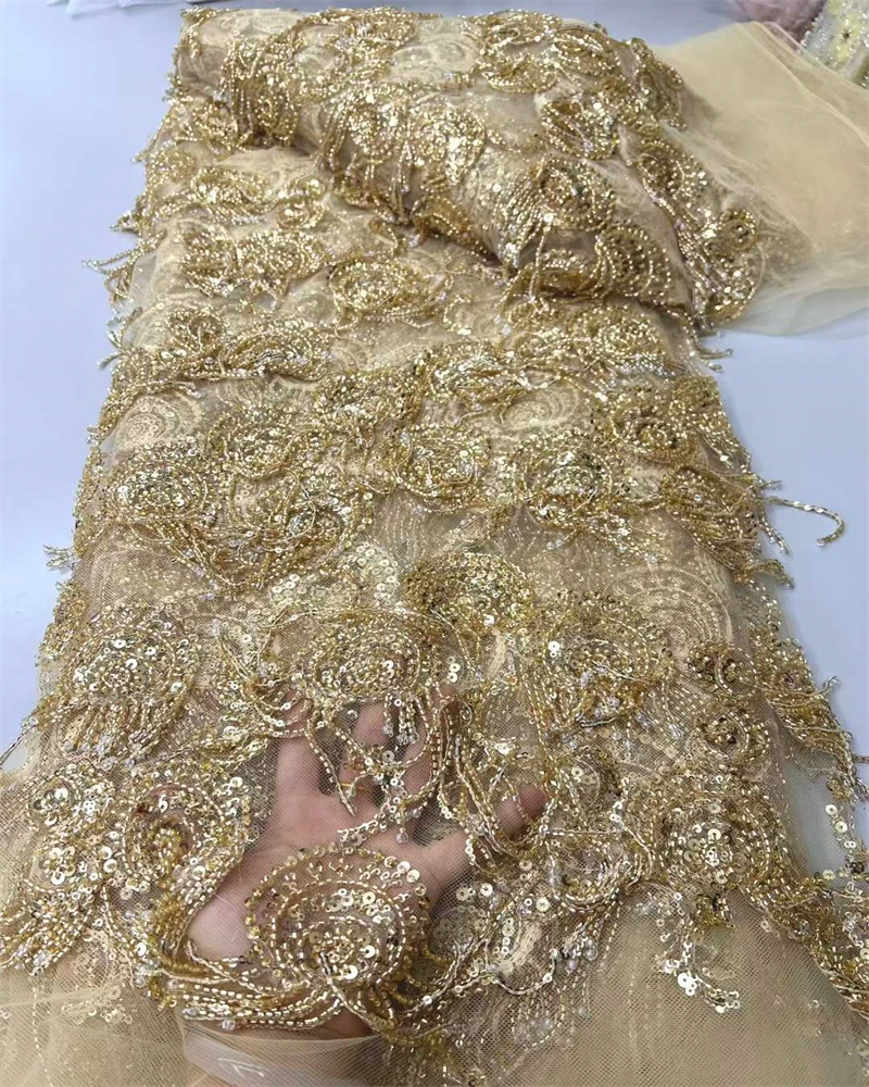 

African Lace Fabric 2026 Sequins Beaded Embroidery Groom Nigerian Bridal High Quality French Tulle Lace Fabric For Wedding Party
