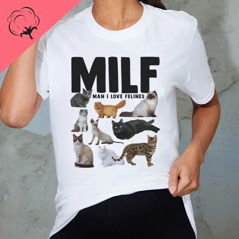 Cat Mom Shirt Cute Pattern T-shirt MILF Man I Love Felines Women's Fun Memo T-shirt Casual Short Sleeve Cat Lover T-shirt