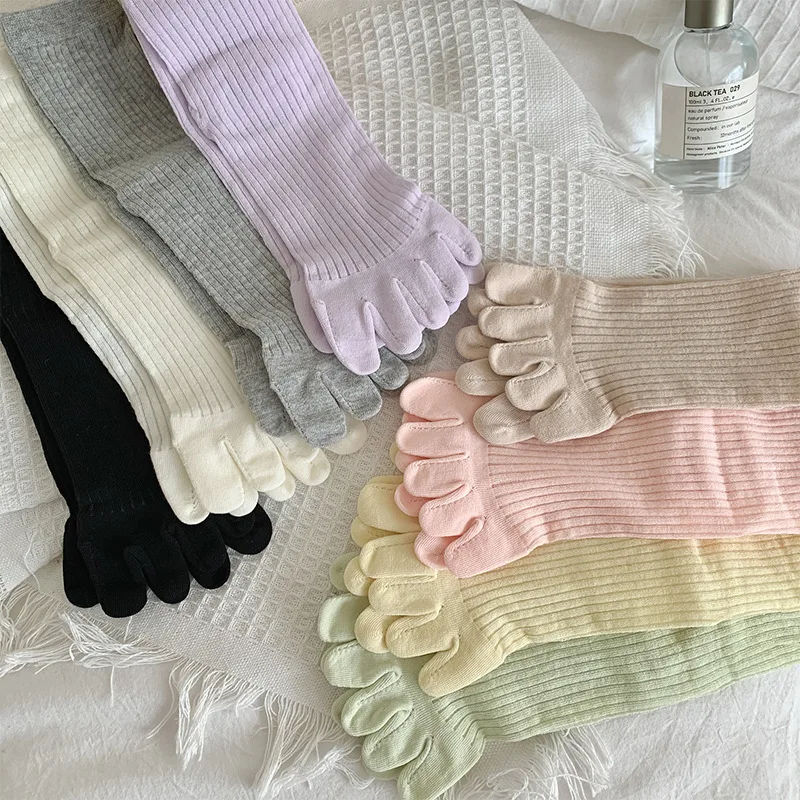 Spring Summer Thin Five Finger Socks Women Girls Solid Striped Split Toe Socks Ins Japanese Sweet Candy Color 5 Toe Cotton Socks