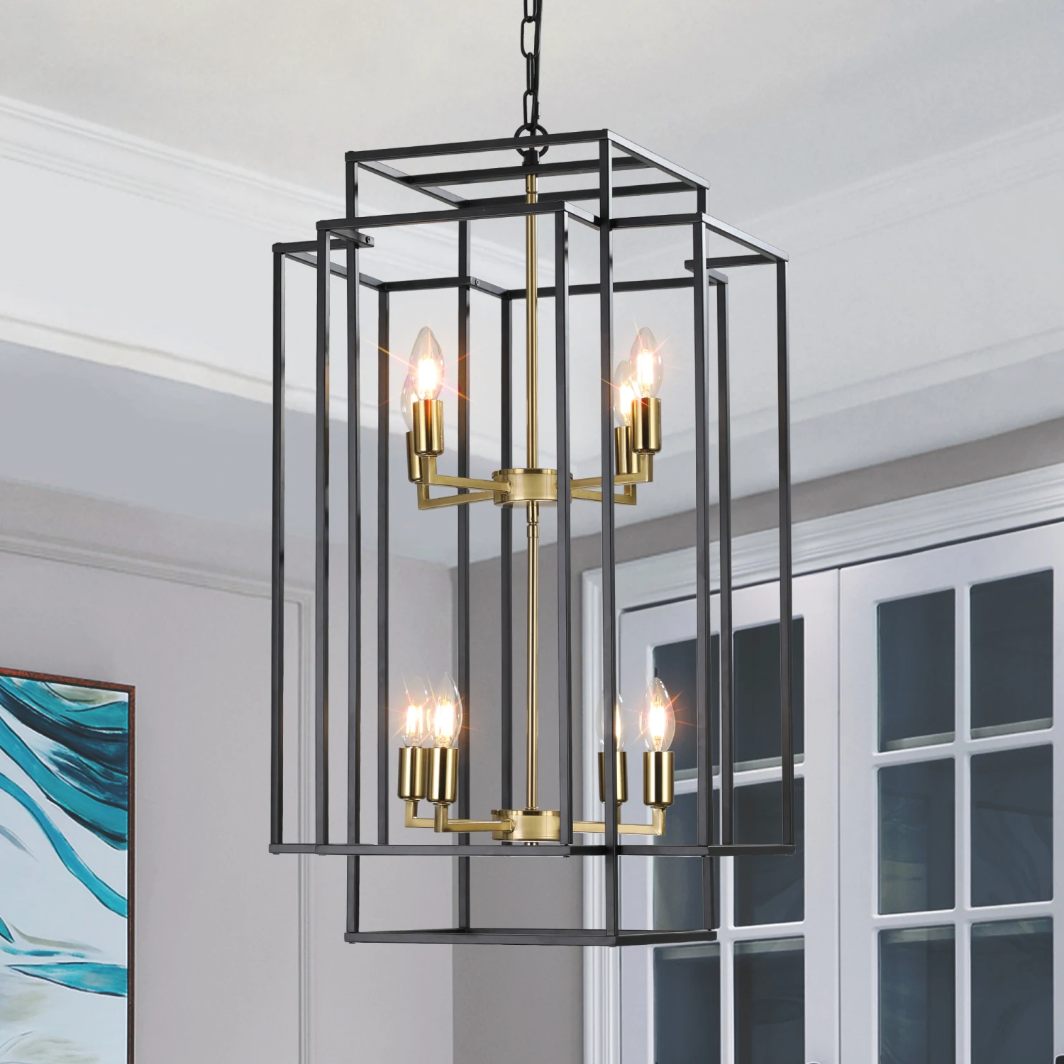 8-Lights Lantern Tiered Pendant Light Fixtures, Industrial Farmhouse Hanging Chandelier for Entryway, Foyer, Living Room, Kitche