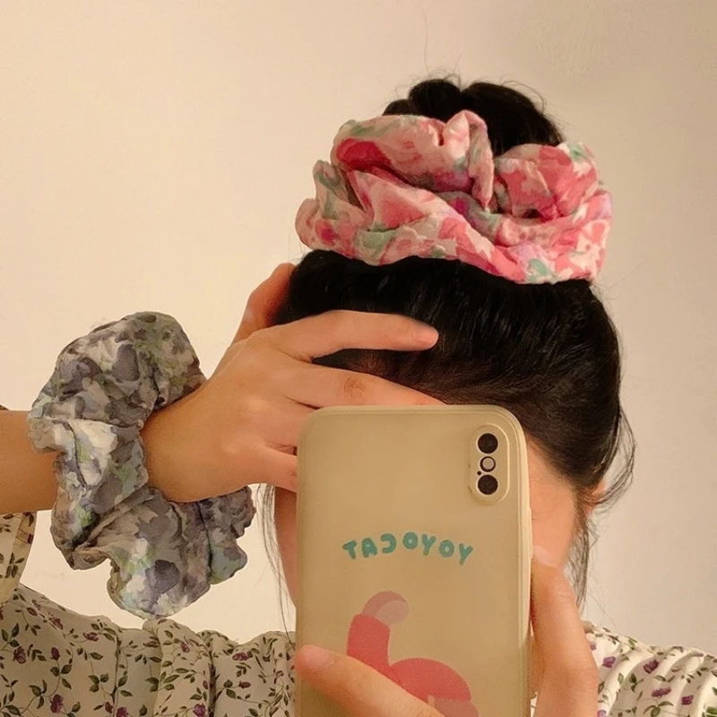 New Style Tie-Dye Wind Floral Large Colon Hairband Fashion Ball Ponytail Hair Band Pleated Fabric Advanced Sense Hair Rope