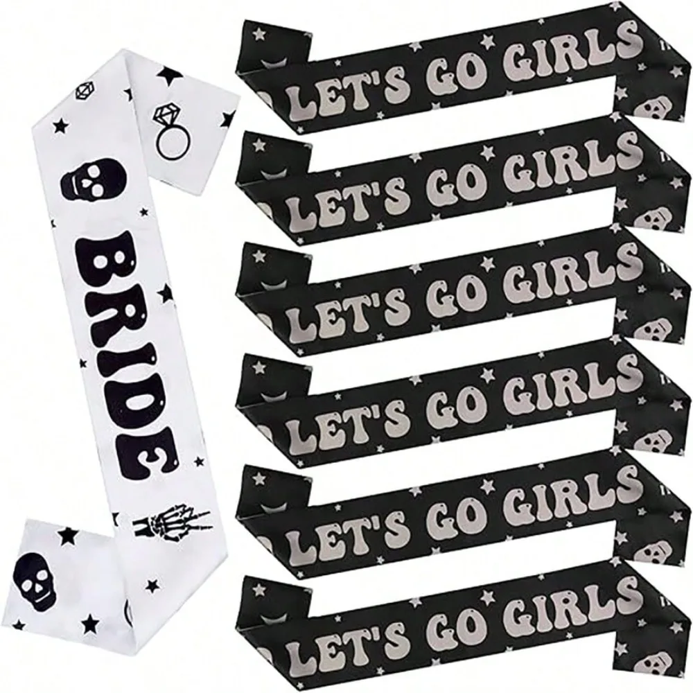 7 pièces, écharpes gothiques noires et blanches pour enterrement de vie de jeune fille, écharpe de mariée pour Halloween, accessoires pour fête de fiançailles et enterrement de vie de jeune fille.