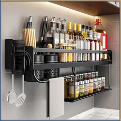 Kitchen Shelf Wall-Mounted Spice Storage Racks Kitchen Knife Holder Seasoning Shelf Organizer Punch-Free Kitchen Organizer