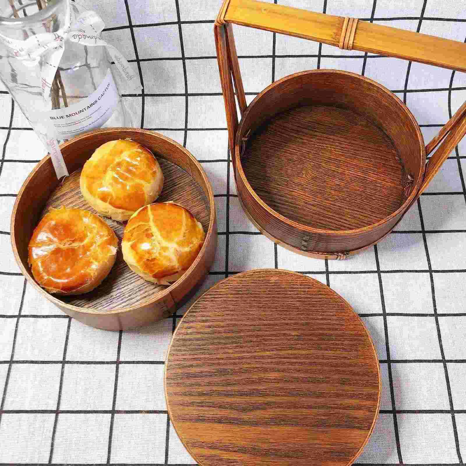 Wooden Double Layer Round Lunch Sushi Box Japanese Style Portable Picnic Lunchbox For Picnic Tableware