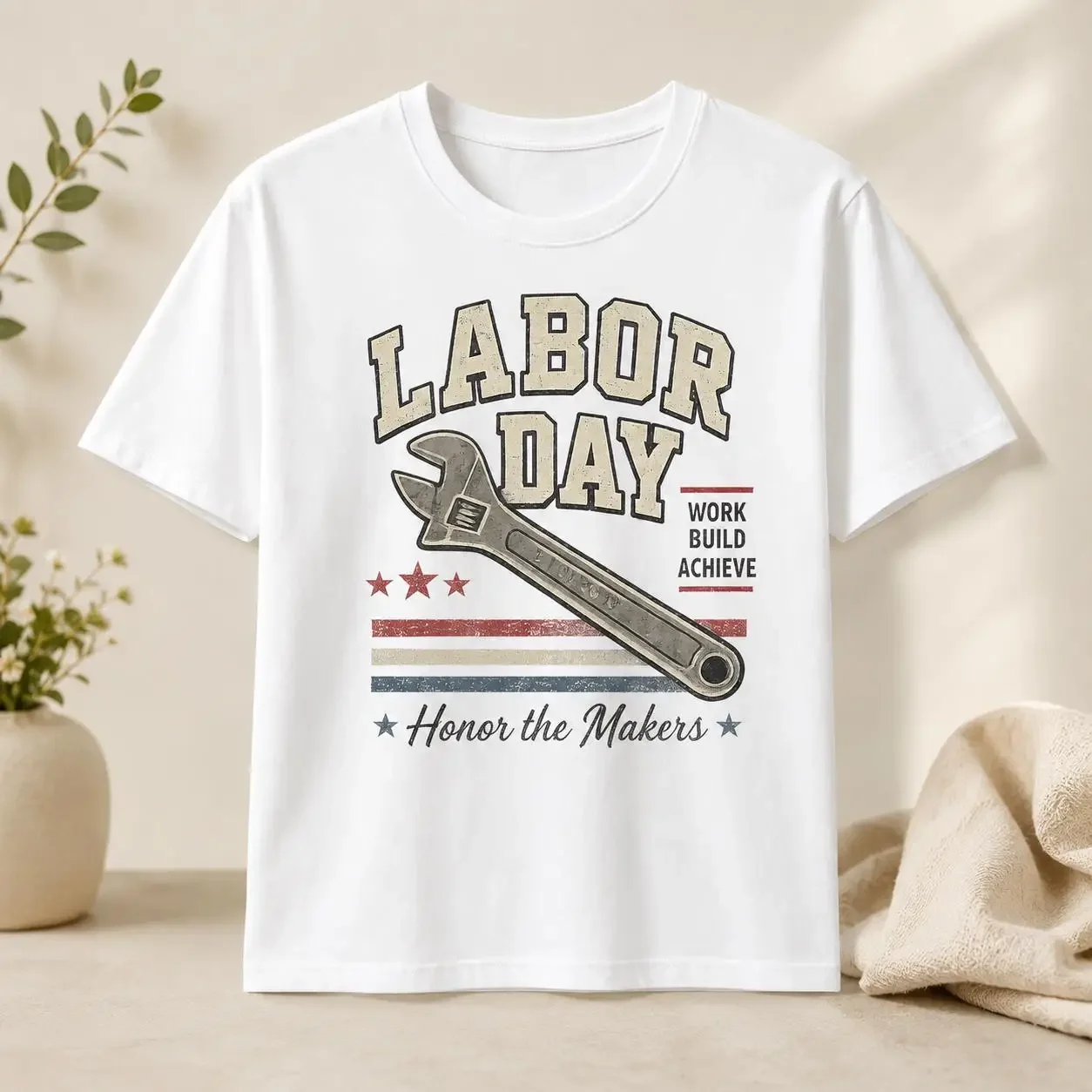 Vintage Labor Day Wrench Graphic Tee, Honor Makers Patriotic USA Top