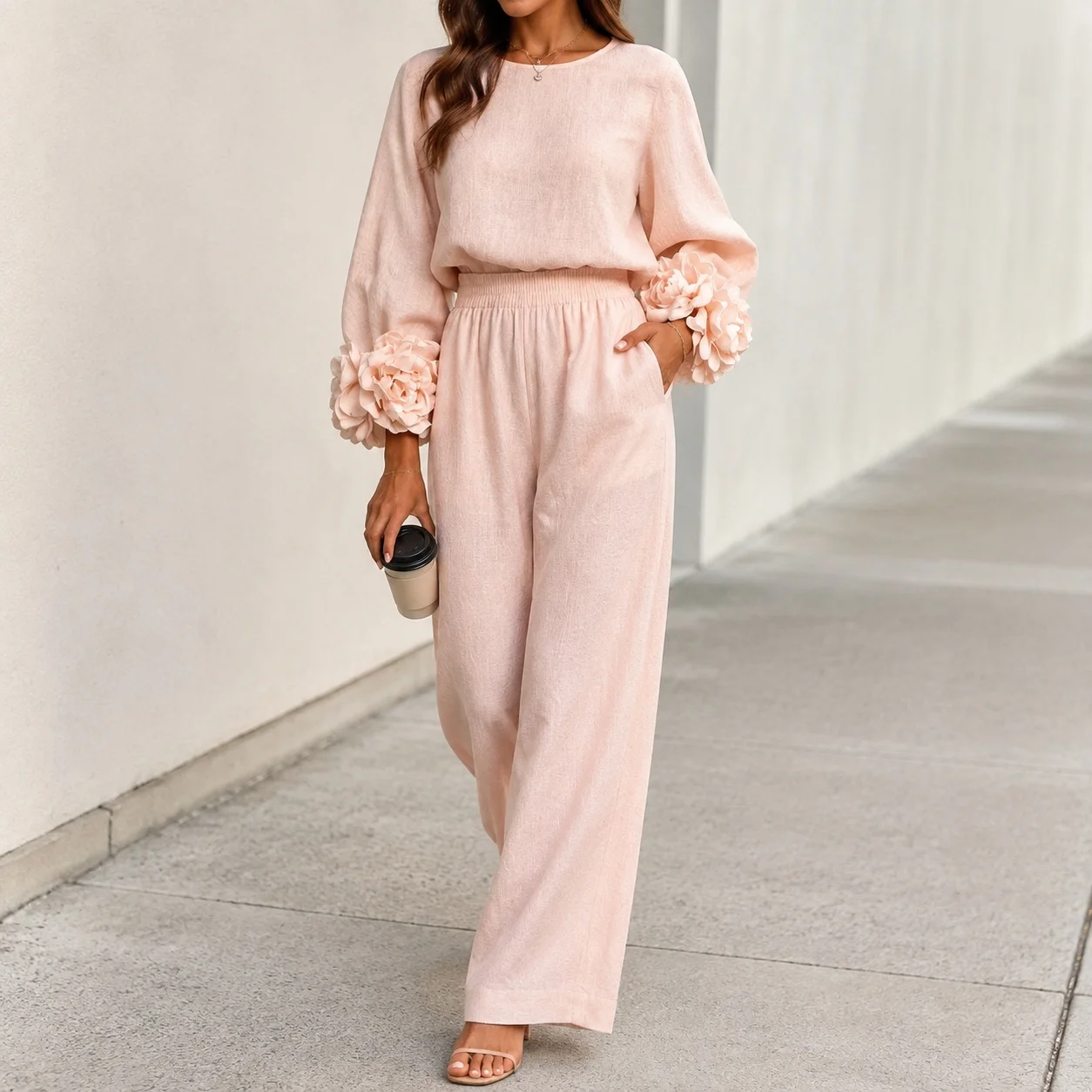 Wide Leg Long Sleeve Set with Wrinkle Finish Cuff Strap Full Length Streetwear Women Sets Regular Fit Spring Autumn Round Neck