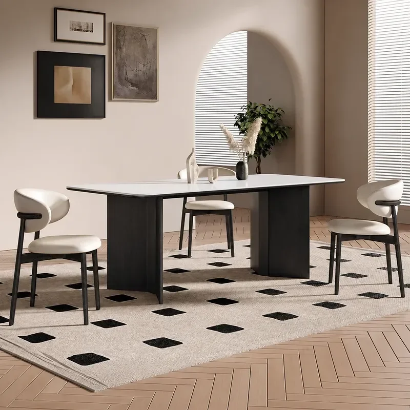 Retro Solid Wood and Rock Slab Dining Table Set Italian Minimalist Rectangular Casual Simple Medium Size Light Luxury Style