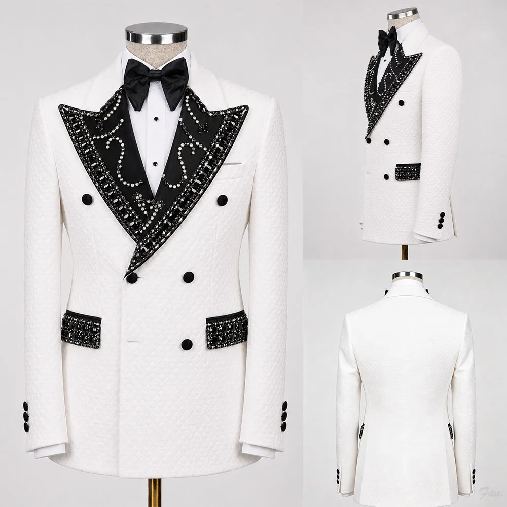 Luxury White Textured Double Breasted Peak Lapel Men's Tuxedo Jacket Black White Rhinestone Patterns Stage Customized M264565