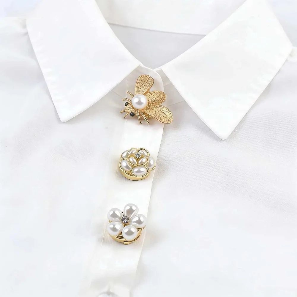 Exquisite Retro Zircon Pearl Petals Stereo Flowers Little Bees Collar Cuff-link Brooches for Women Men Shirt Decorative Jewelry